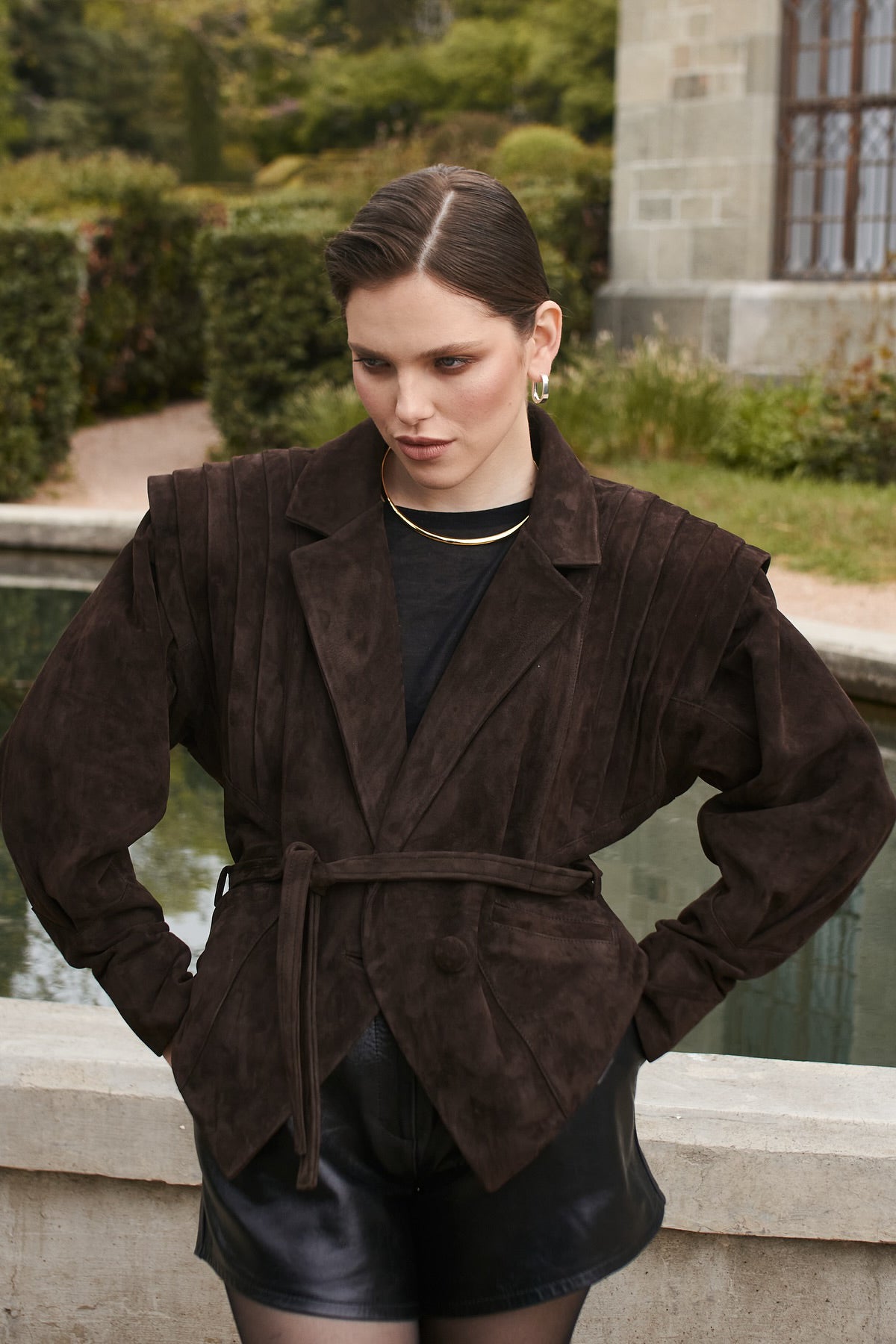 Pleated Shoulder Belted Jacket - Brown