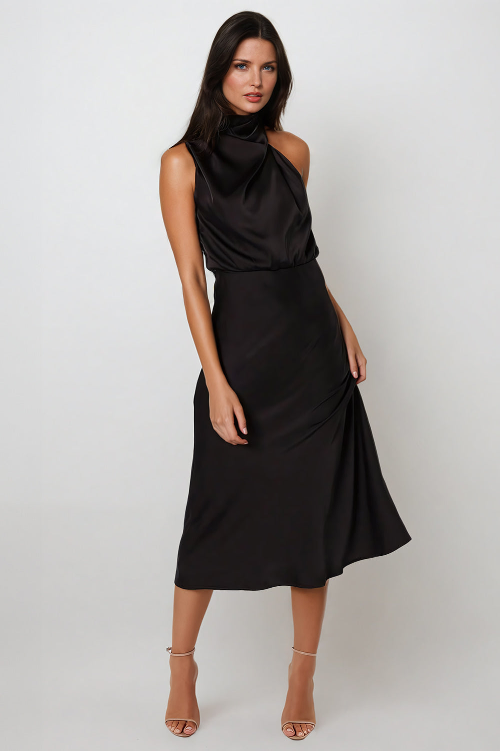 Asymmetrical High-Neck Midi Dress with Draped Bodice - Black