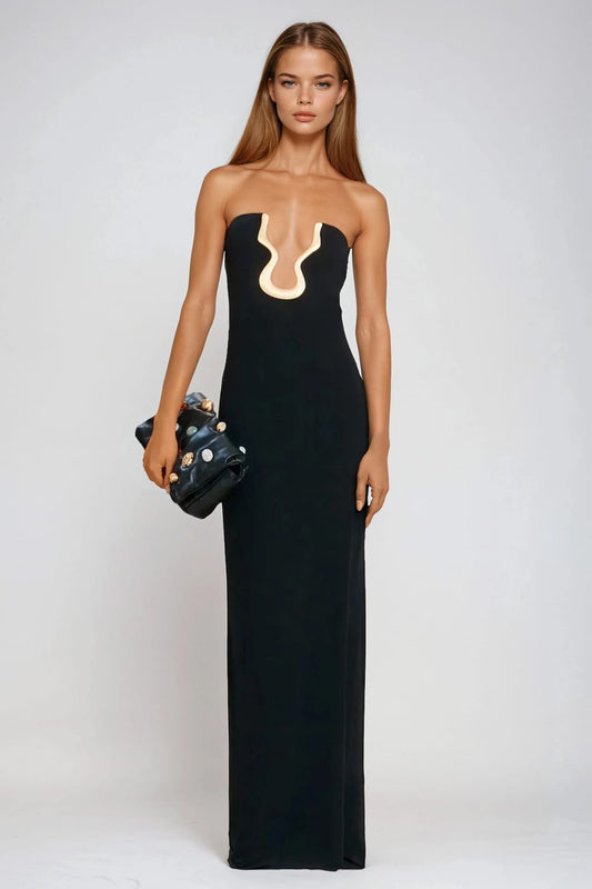Strapless Maxi Dress with Metal Detail - Black
