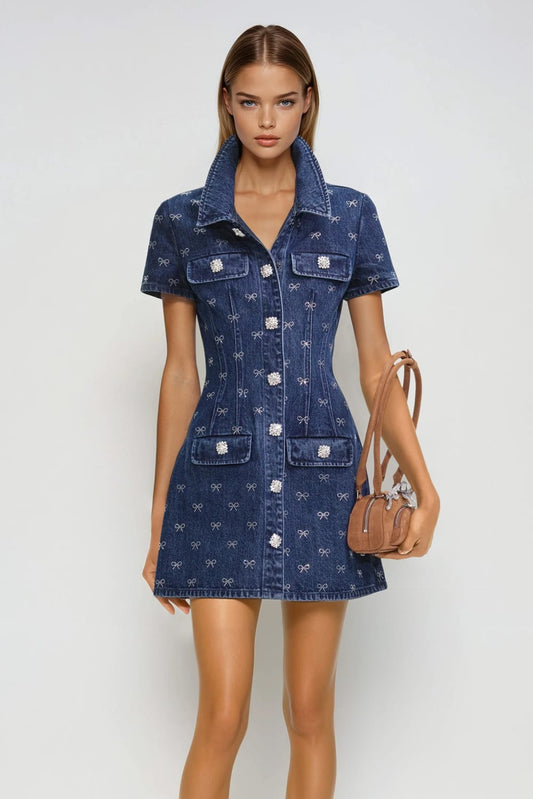 Denim Mini Dress with Crystal Buttons and Bow Detailing - Blue