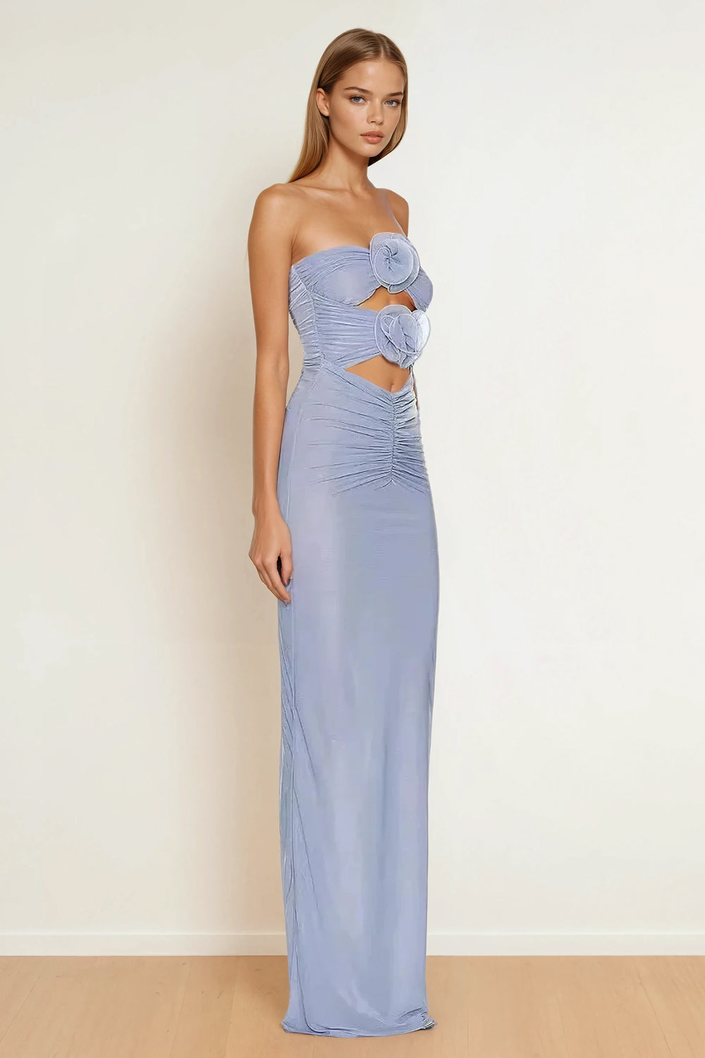 Strapless Maxi Dress with Floral Front Cut-Out Detail - Blue