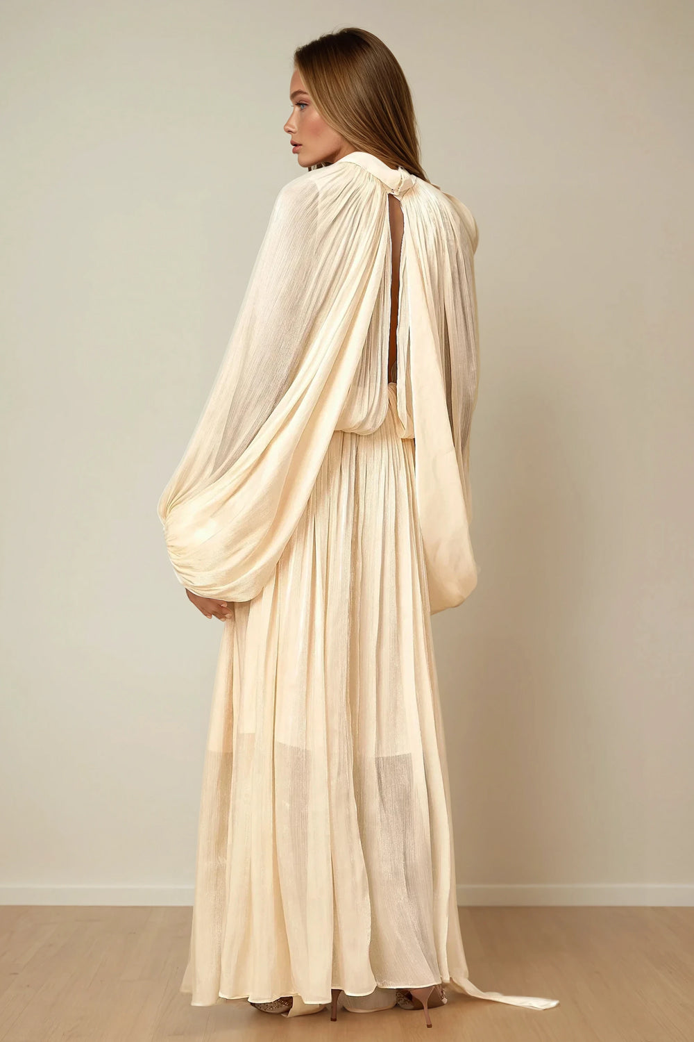 Pleated Maxi Dress with Tie Neckline - Apricot