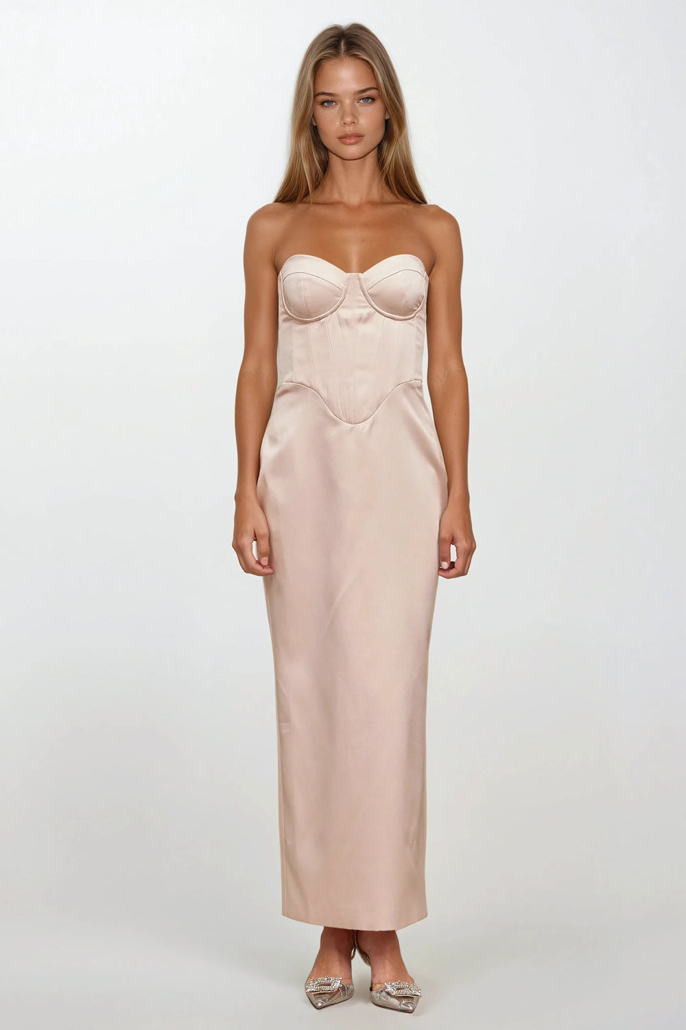 Strapless Corset Maxi Dress with Lace-Up Back - Pink