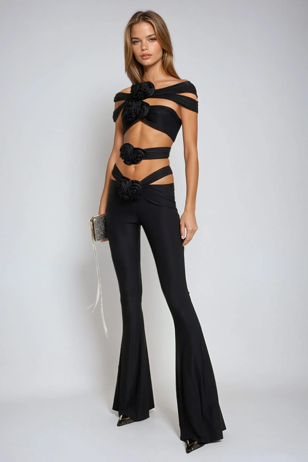 Two-Piece Set with Off-Shoulder Cutout Top and Flared Trousers - Black