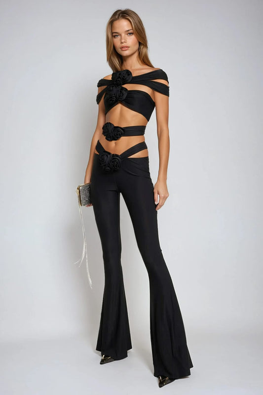 Two-Piece Set with Off-Shoulder Cutout Top and Flared Trousers - Black