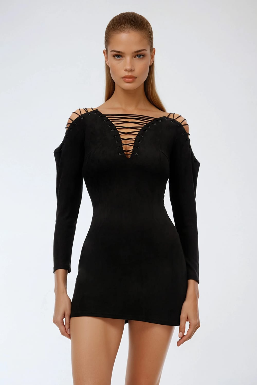 Lace-Up Shoulder Cut-Out Mini Dress - Black