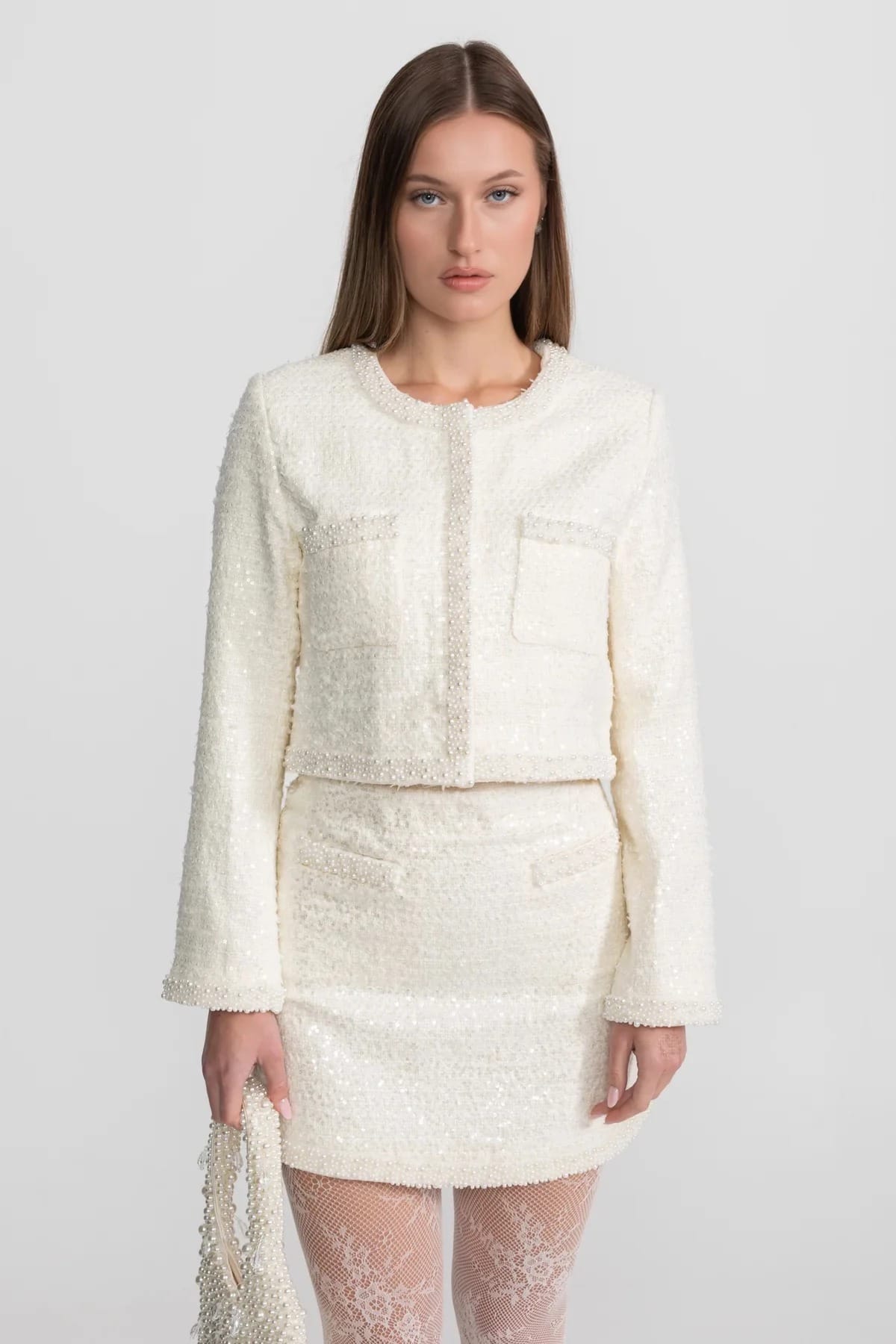 Two-Piece Set with Pearl Trim Jacket and Mini Skirt - White