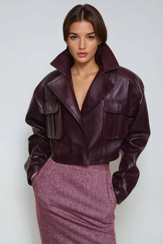 Cropped Leather Jacket with Cargo Pockets - Burgundy