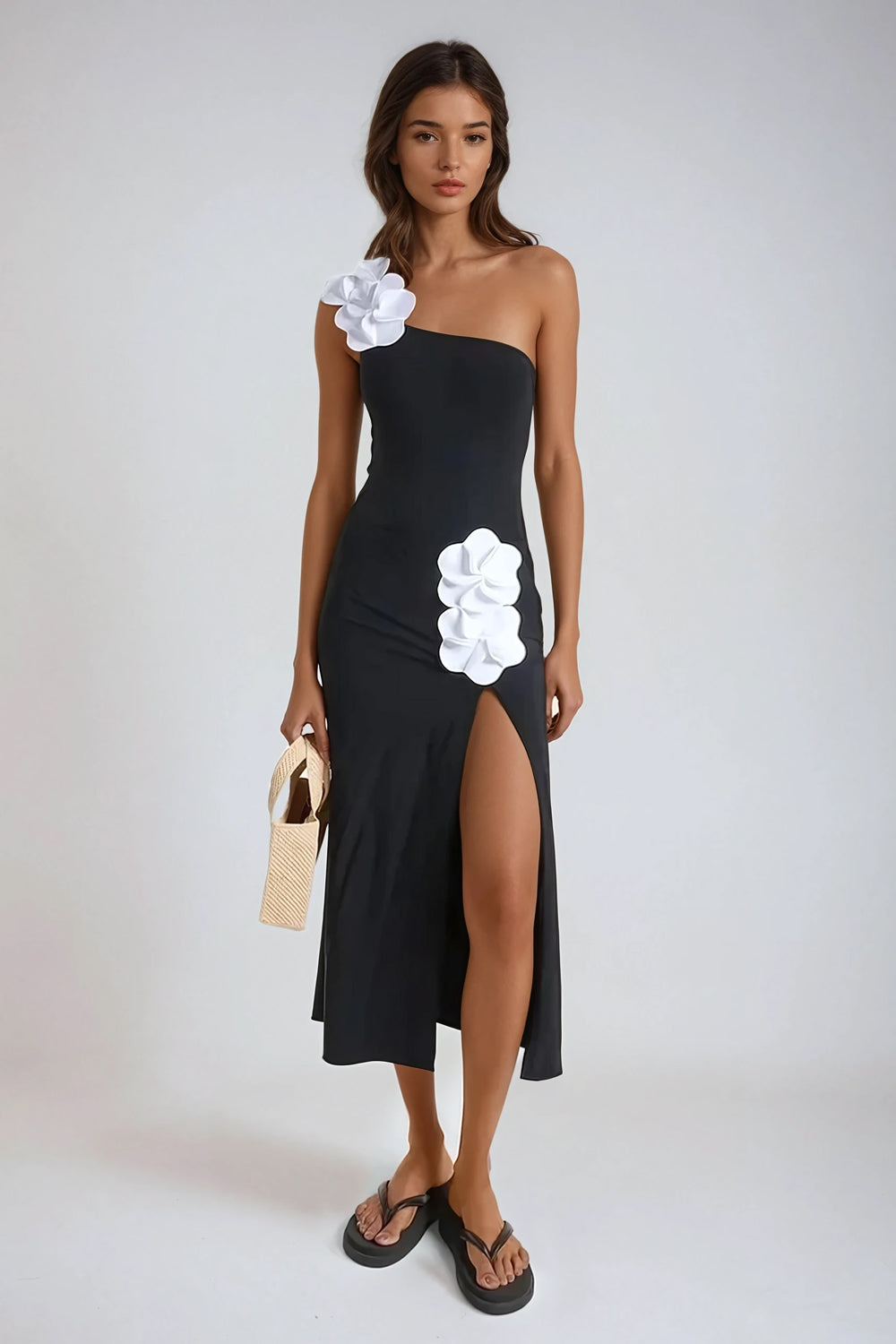 Two-Piece Set with One-Shoulder Bodysuit and Midi Skirt - Black