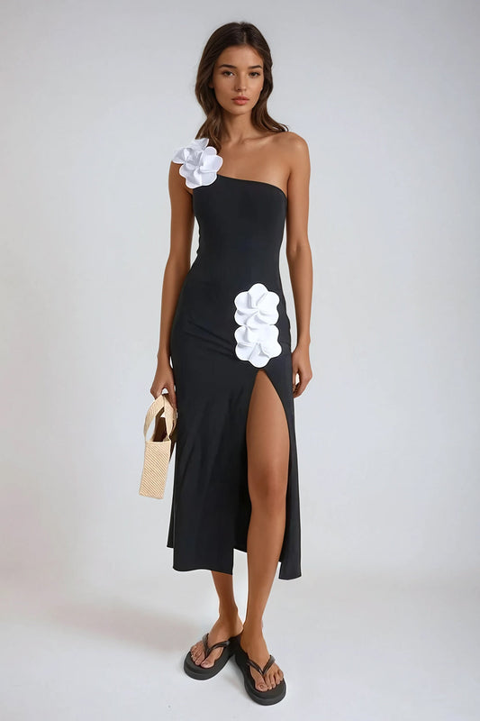 Two-Piece Set with One-Shoulder Bodysuit and Midi Skirt - Black