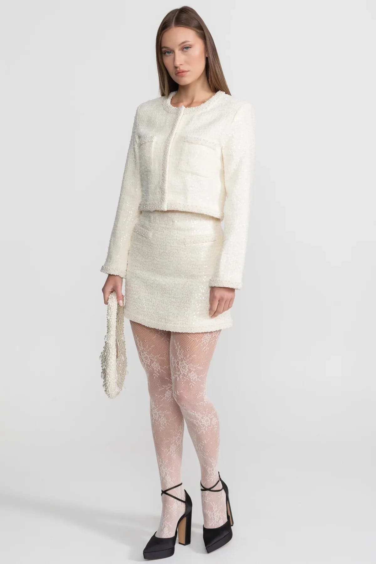 Two-Piece Set with Pearl Trim Jacket and Mini Skirt - White