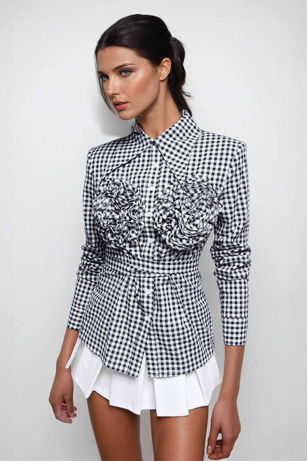 Floral Embellished Button-Down Shirt with Tie Detail - Black