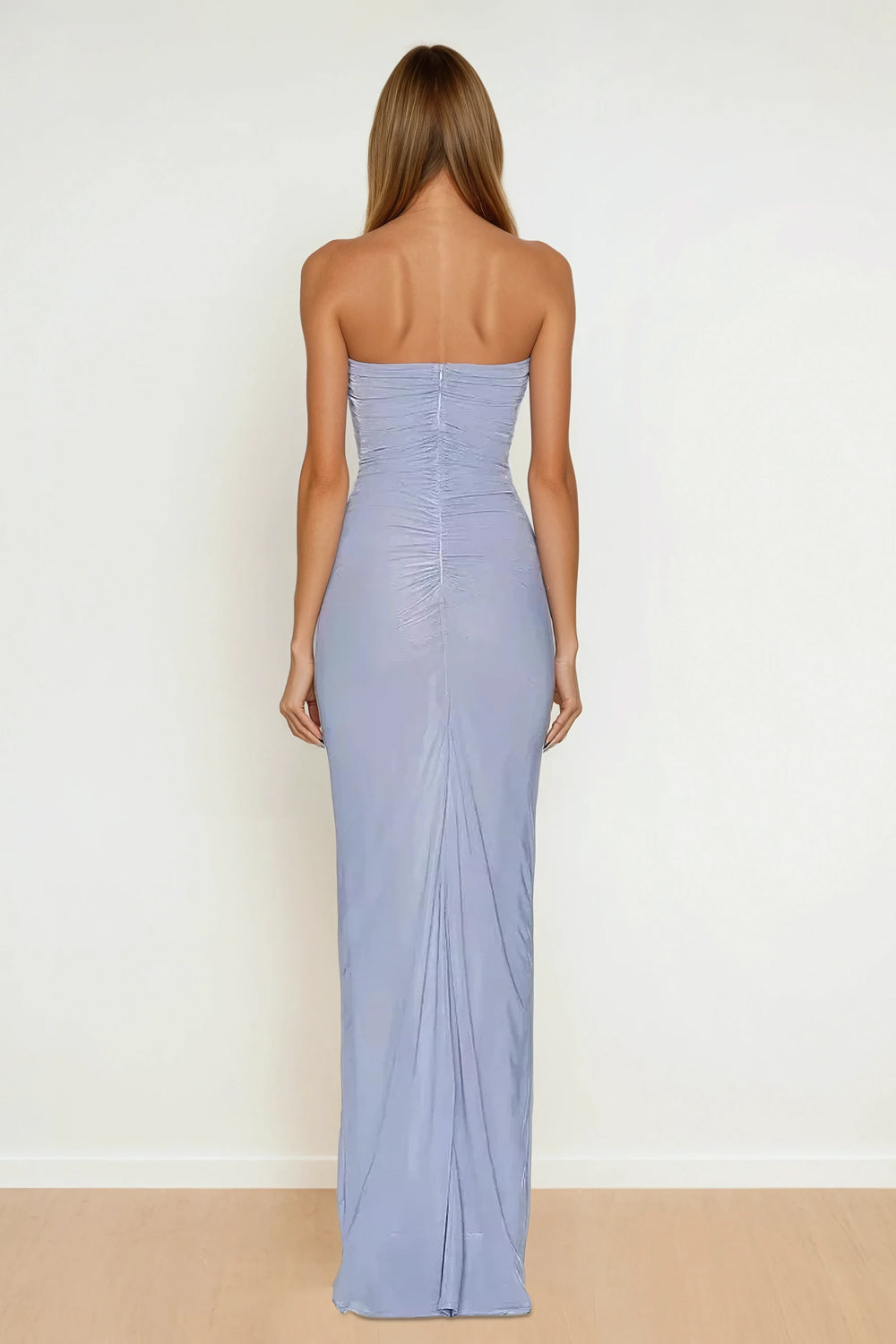 Strapless Maxi Dress with Floral Front Cut-Out Detail - Blue