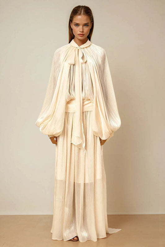 Pleated Maxi Dress with Tie Neckline - Apricot