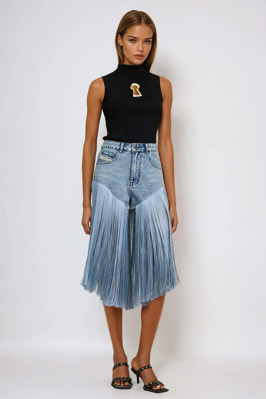 Denim Shorts with Long Fringe Detailing - Blue
