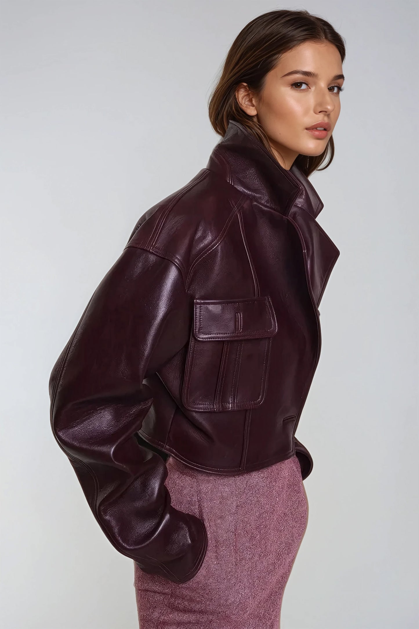 Cropped Leather Jacket with Cargo Pockets - Burgundy