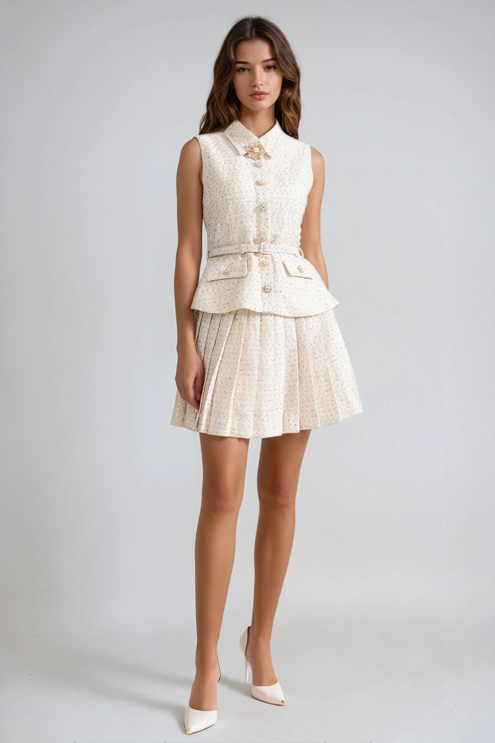 Sleeveless Button-Up Mini Dress with Pleated Skirt - White