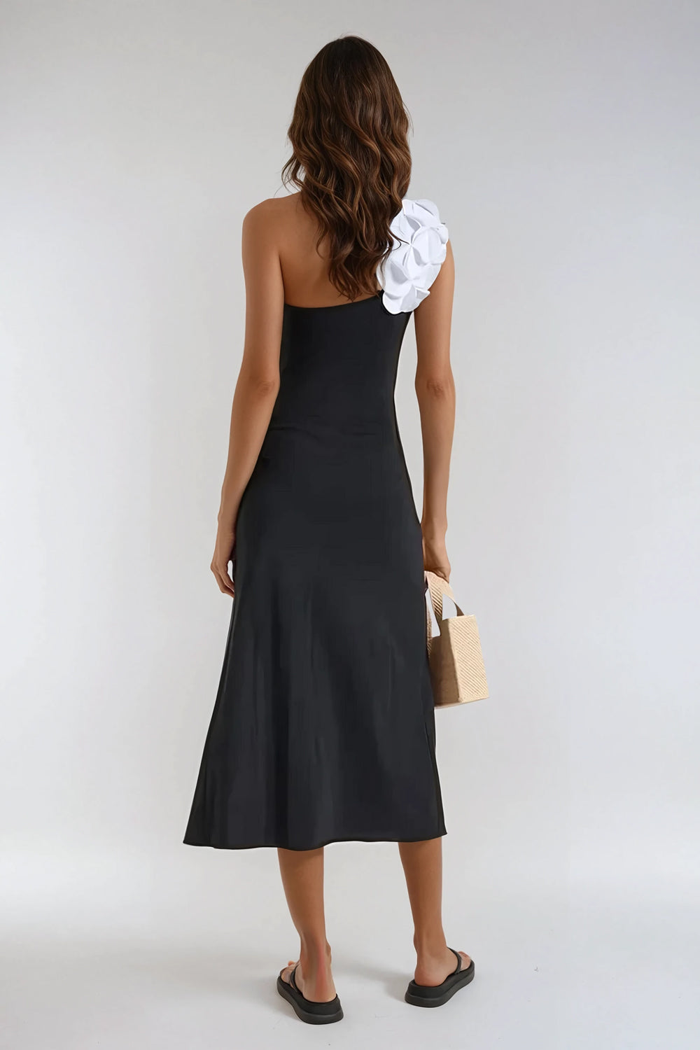 Two-Piece Set with One-Shoulder Bodysuit and Midi Skirt - Black