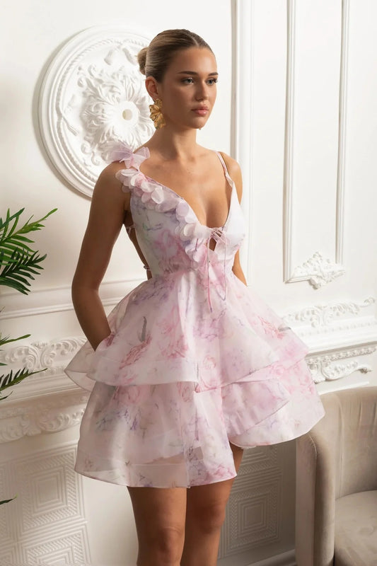 Floral Tiered Mini Dress With 3D Petal Detailing and Open - Pink