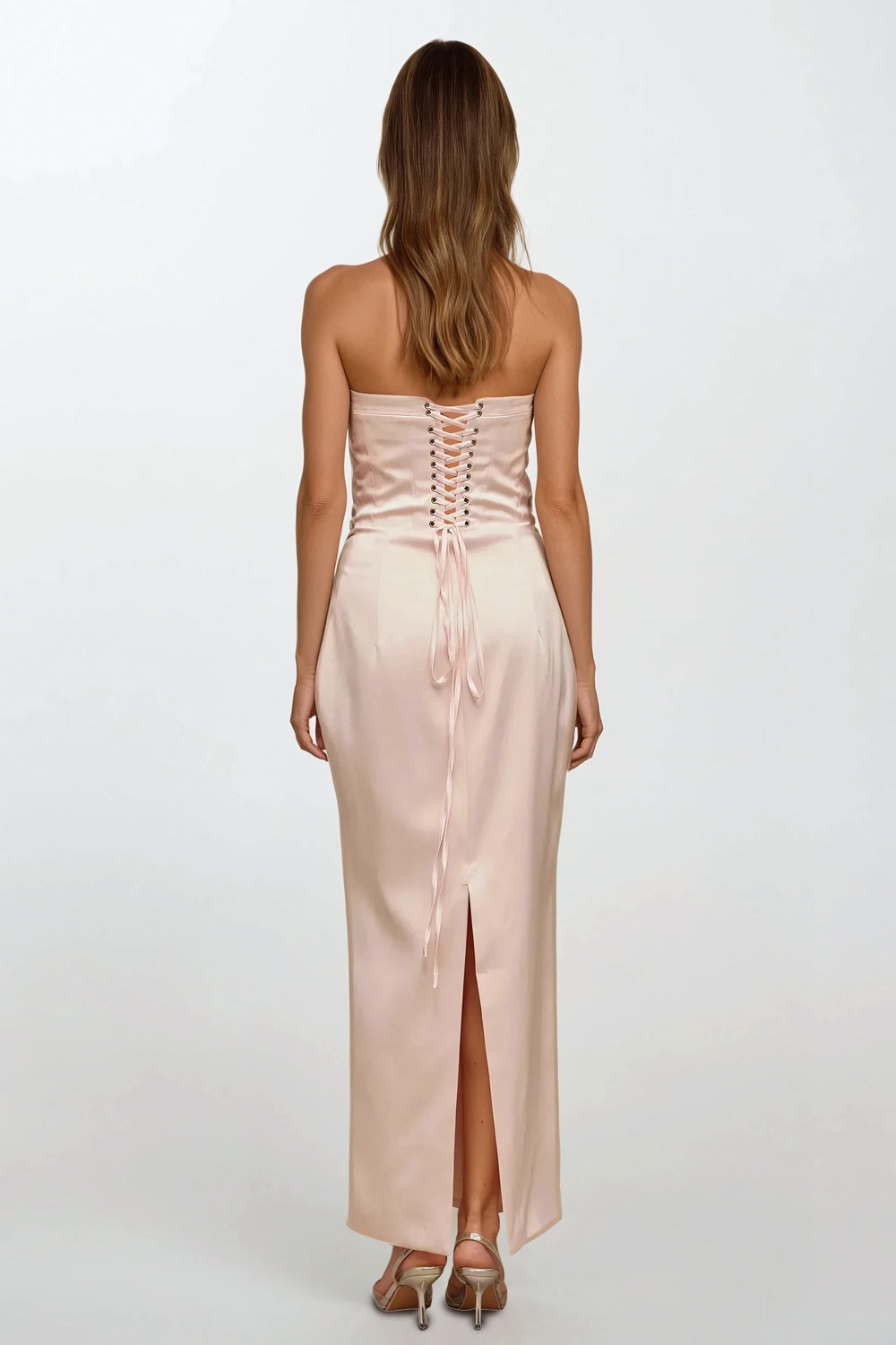 Strapless Corset Maxi Dress with Lace-Up Back - Pink