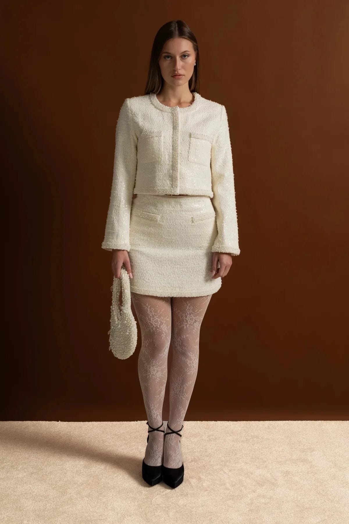 Two-Piece Set with Pearl Trim Jacket and Mini Skirt - White