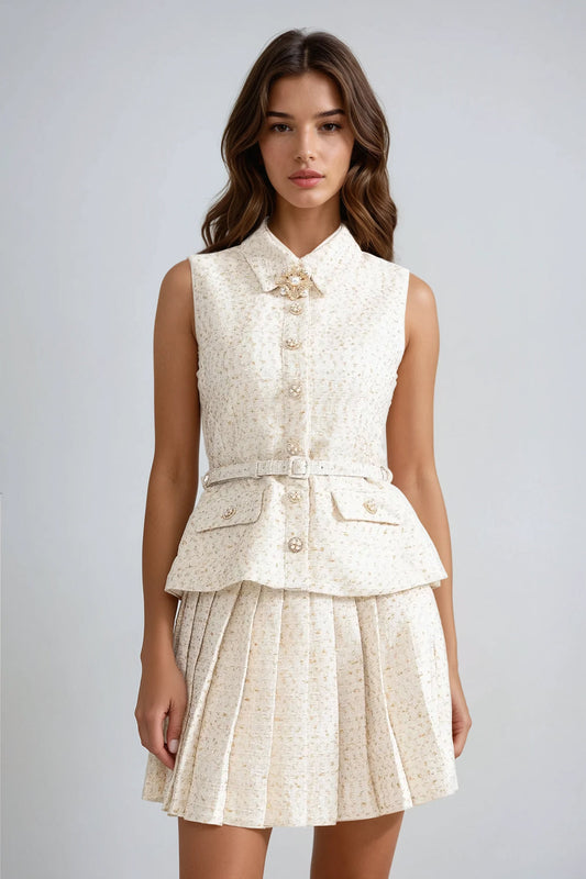 Sleeveless Button-Up Mini Dress with Pleated Skirt - White