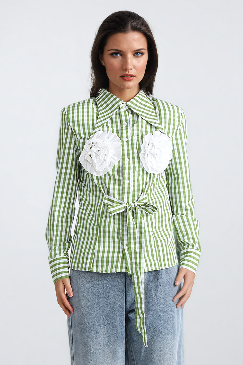 Floral Embellished Button-Down Shirt with Tie Detail - Green