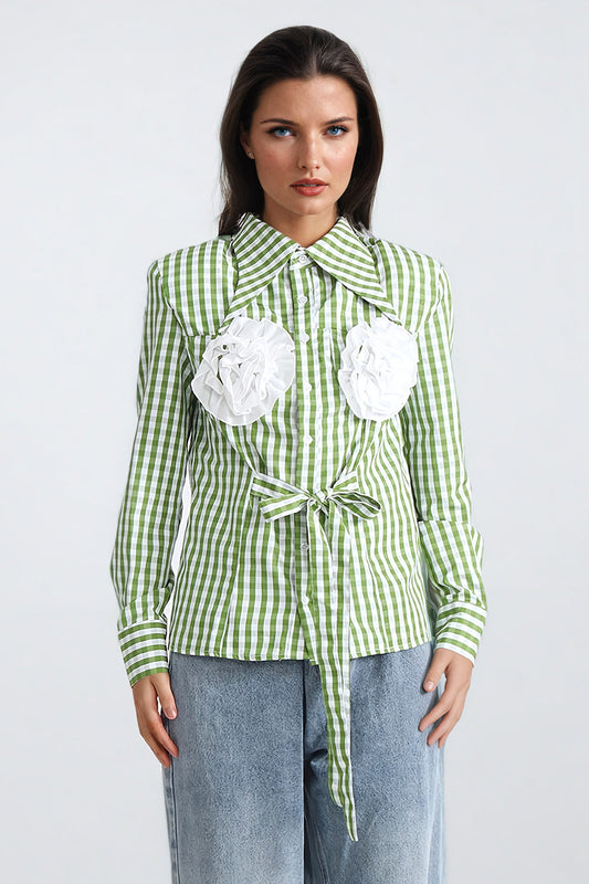 Floral Embellished Button-Down Shirt with Tie Detail - Green