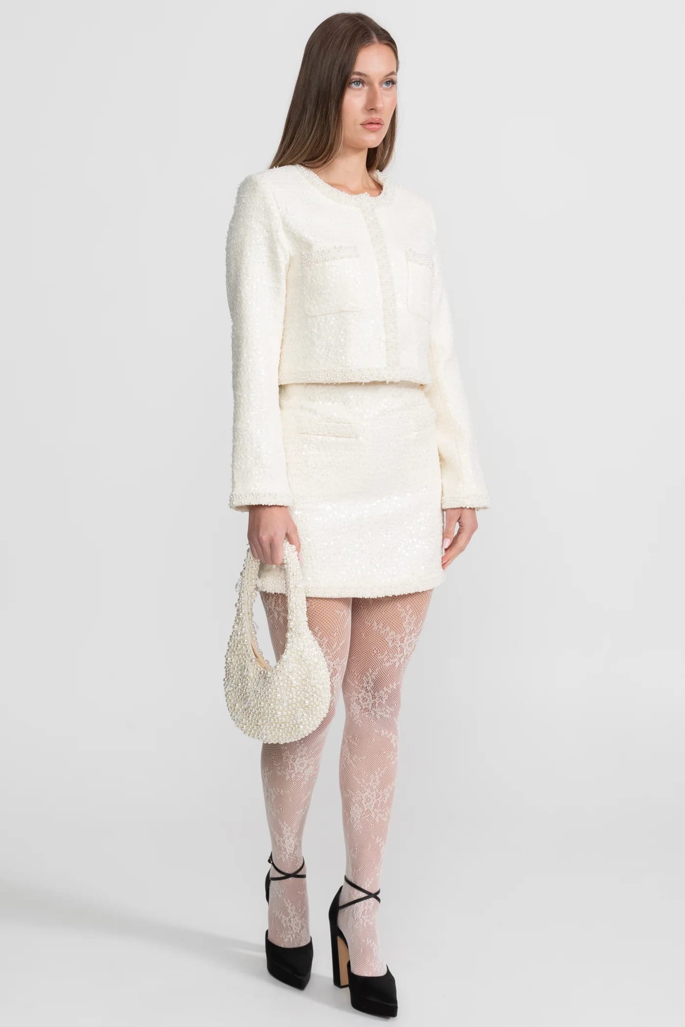 Two-Piece Set with Pearl Trim Jacket and Mini Skirt - White