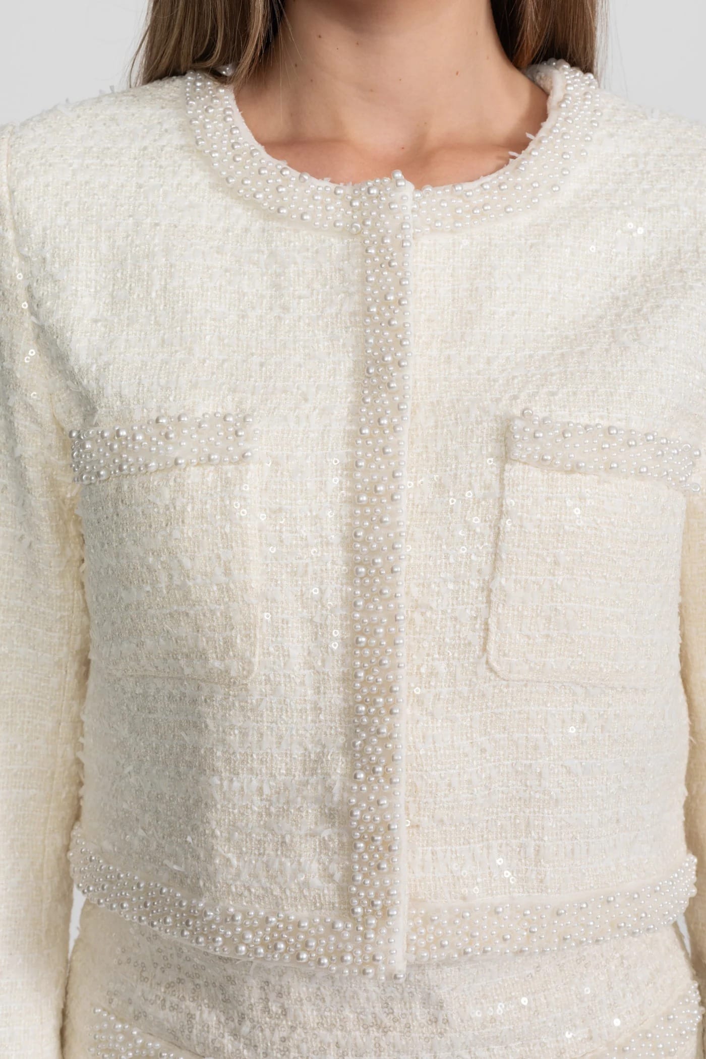 Two-Piece Set with Pearl Trim Jacket and Mini Skirt - White