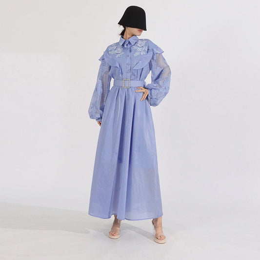 Midi Dress with Sheer Sleeves and Belted Waist - Blue