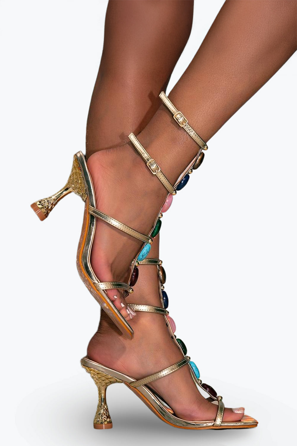 Beaded Strap Block Heel Sandals - Gold