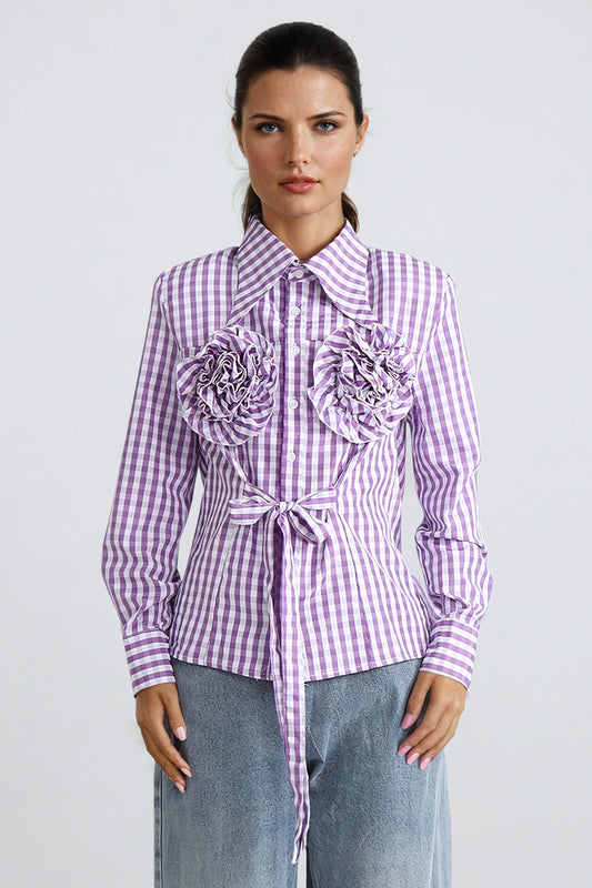 Floral Embellished Button-Down Shirt with Tie Detail - Purple