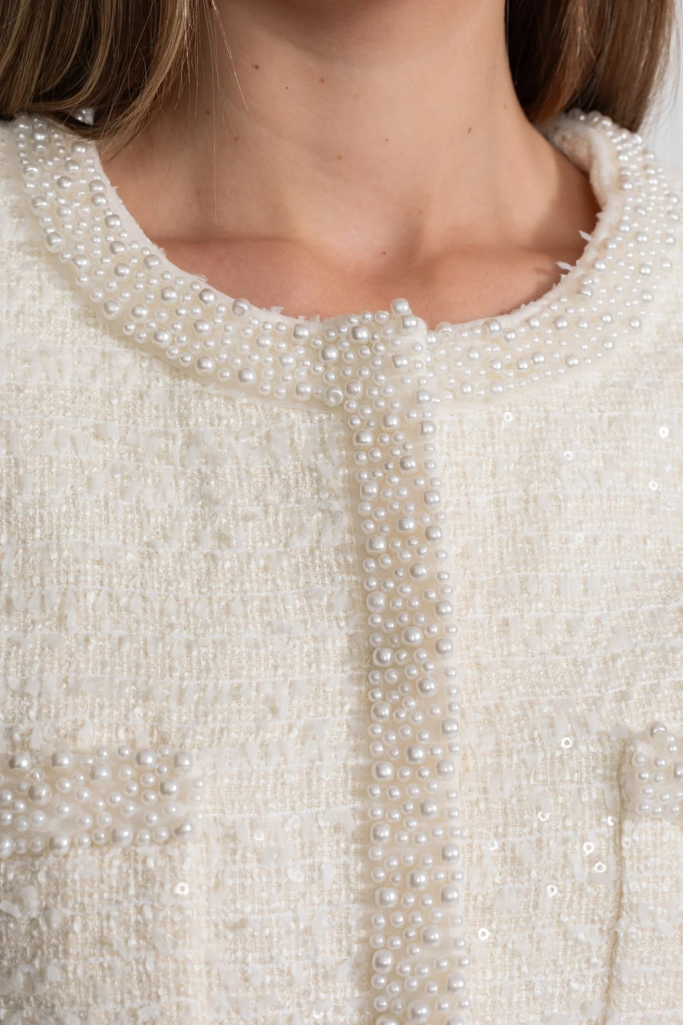 Two-Piece Set with Pearl Trim Jacket and Mini Skirt - White