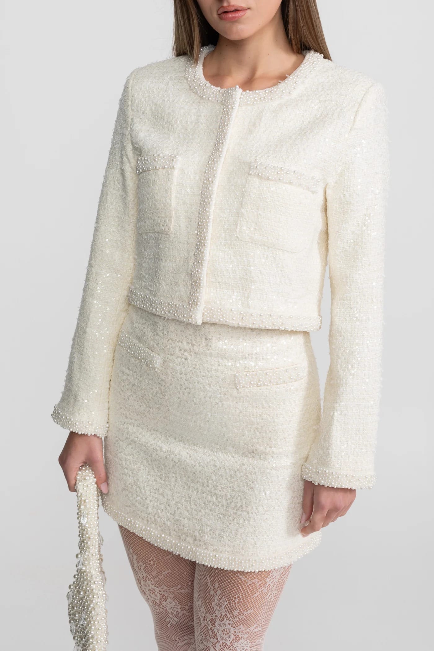 Two-Piece Set with Pearl Trim Jacket and Mini Skirt - White