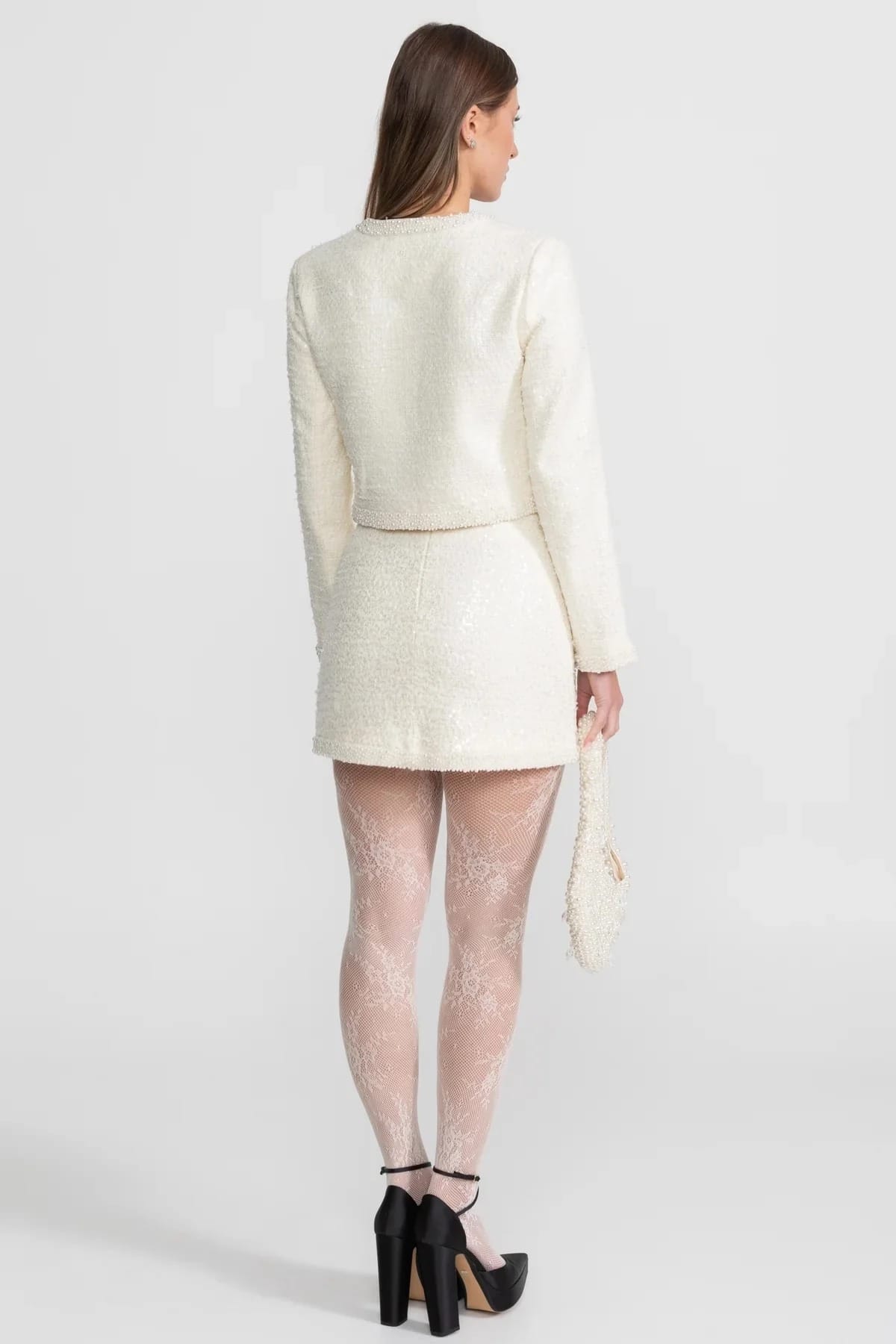 Two-Piece Set with Pearl Trim Jacket and Mini Skirt - White