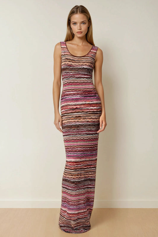 Patterned Sleeveless Maxi Dress with Scoop Neckline - Red
