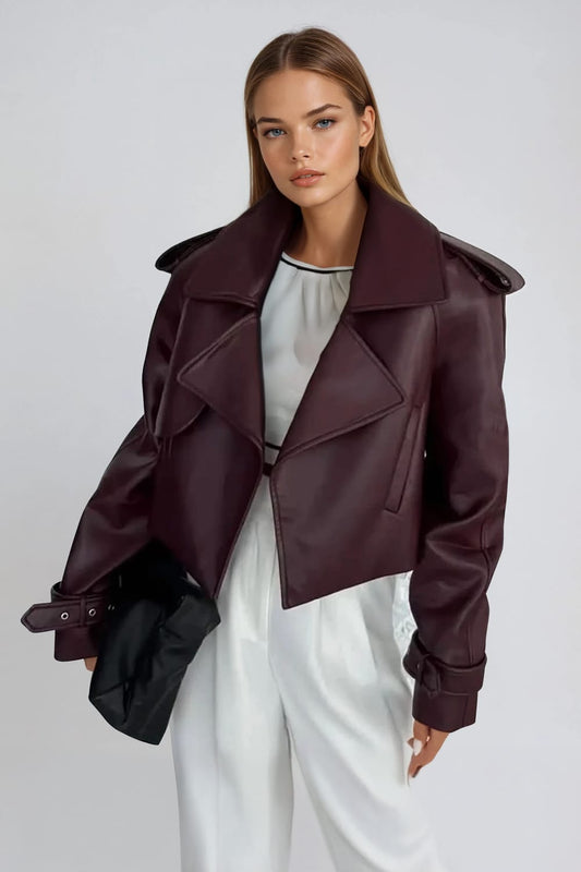 Cropped Leather Coat with Oversized Collar - Red