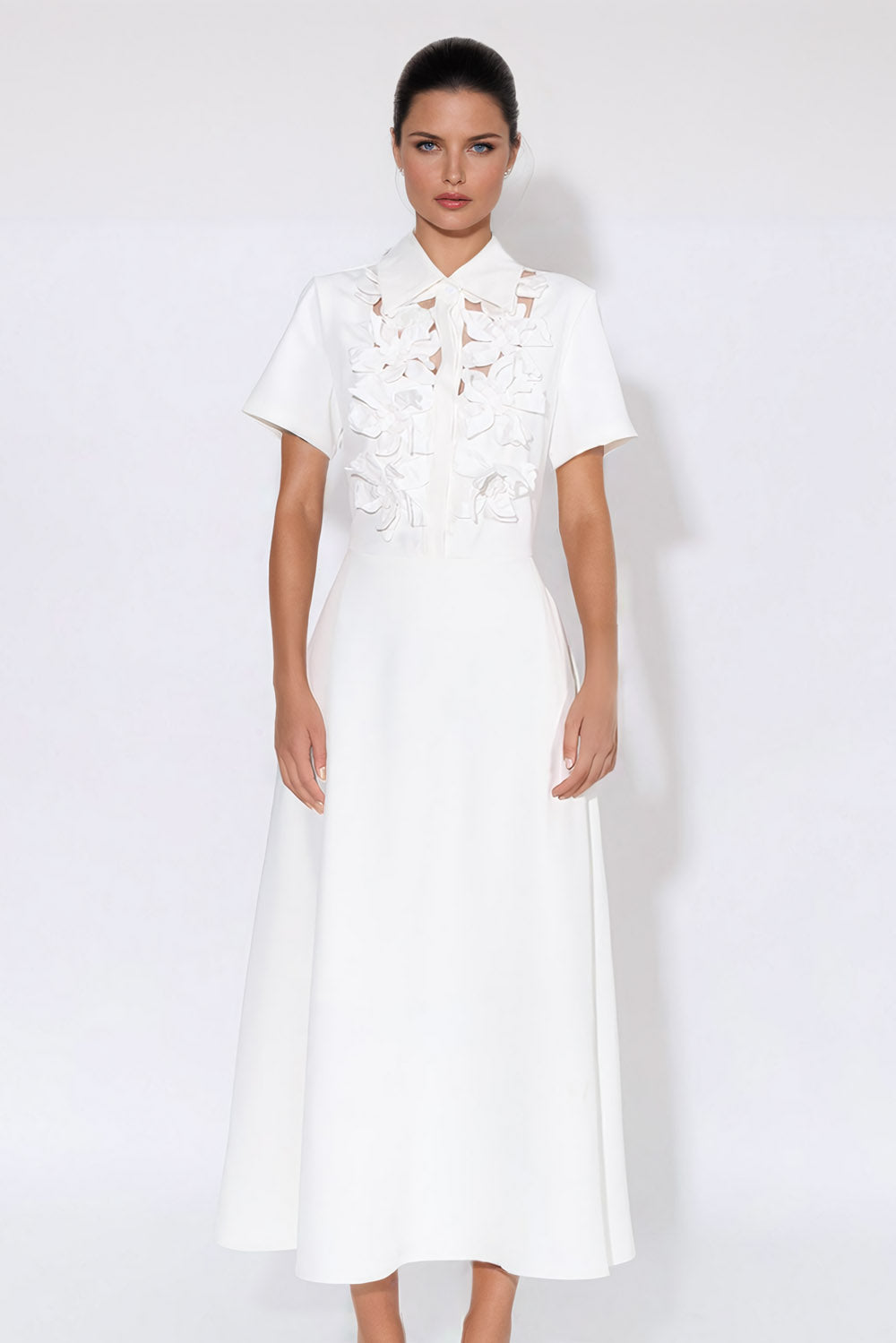 Floral Detailing Collared Midi Dress - White