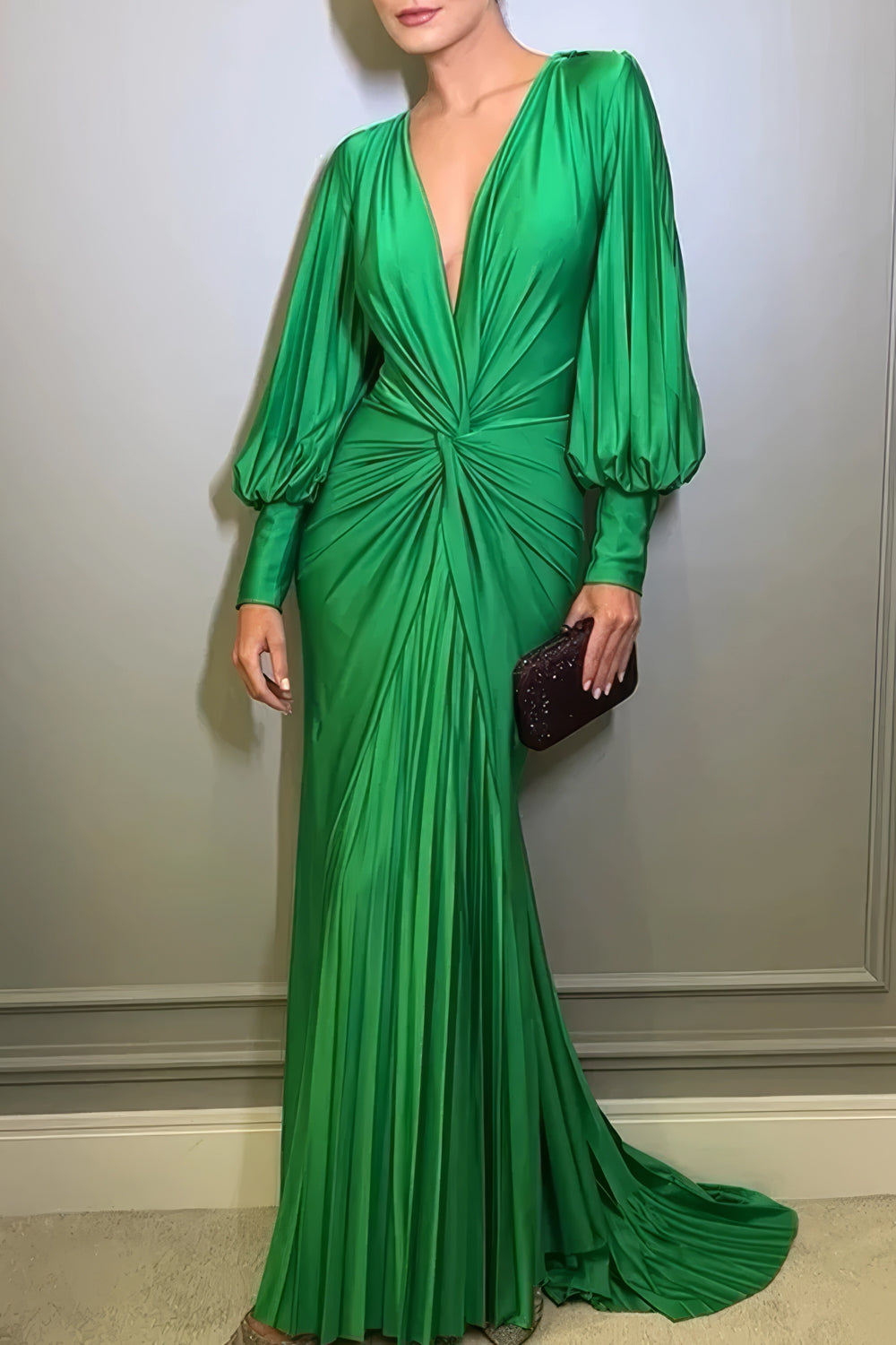 Plunging V-Neck Pleated Maxi Dress with Balloon Sleeves