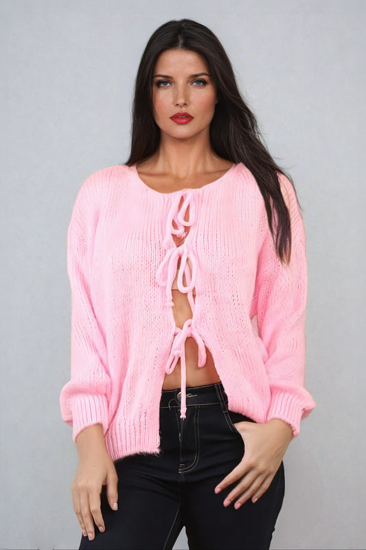 Knitted Tie-Front Sweater - Pink