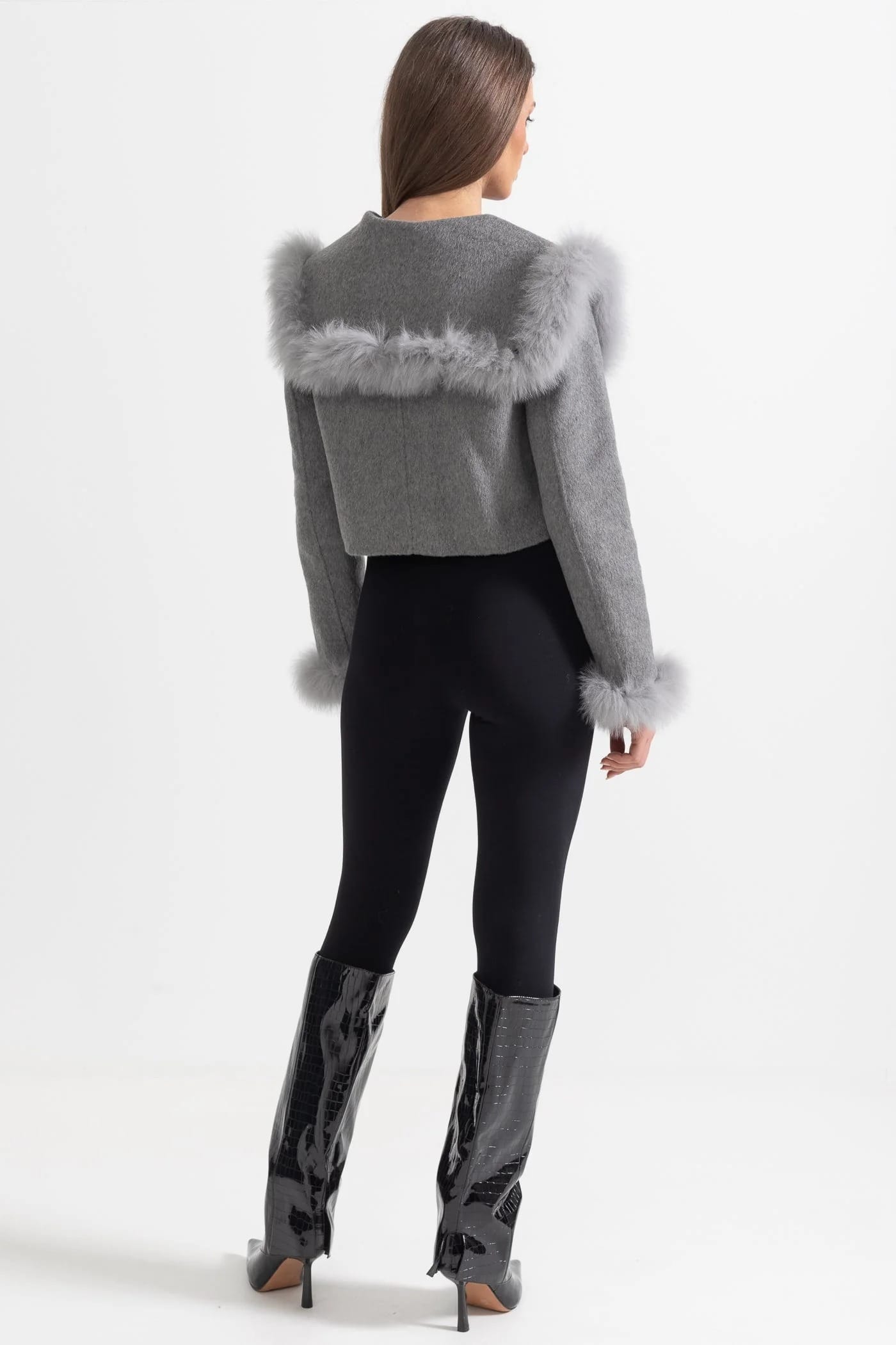 Fur Trim Cropped Jacket - Gray