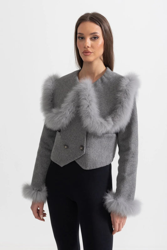 Fur Trim Cropped Jacket - Gray