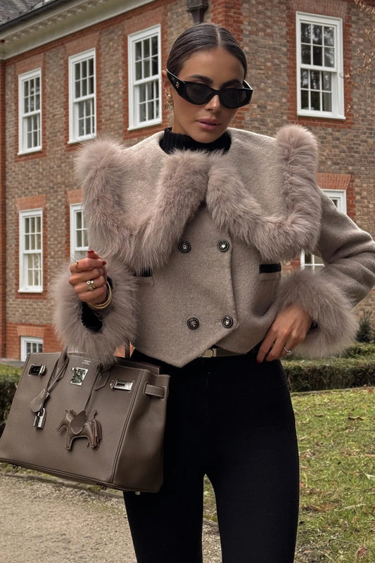 Fur Trim Cropped Jacket - Khaki