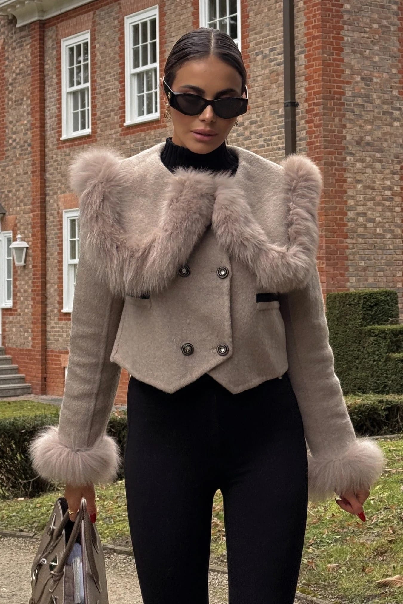 Fur Trim Cropped Jacket - Khaki