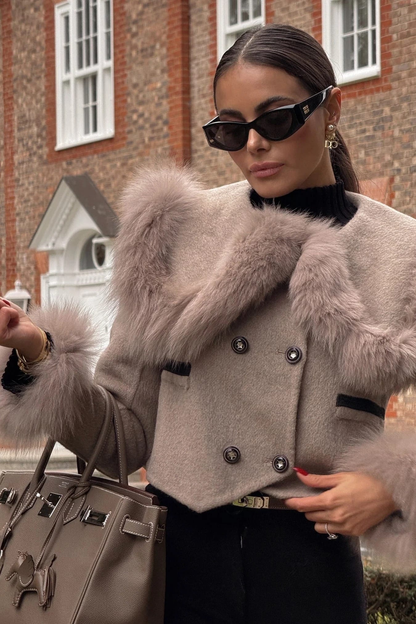 Fur Trim Cropped Jacket - Khaki