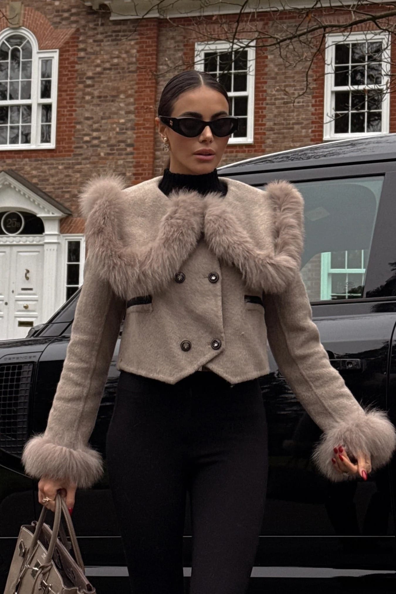 Fur Trim Cropped Jacket - Khaki