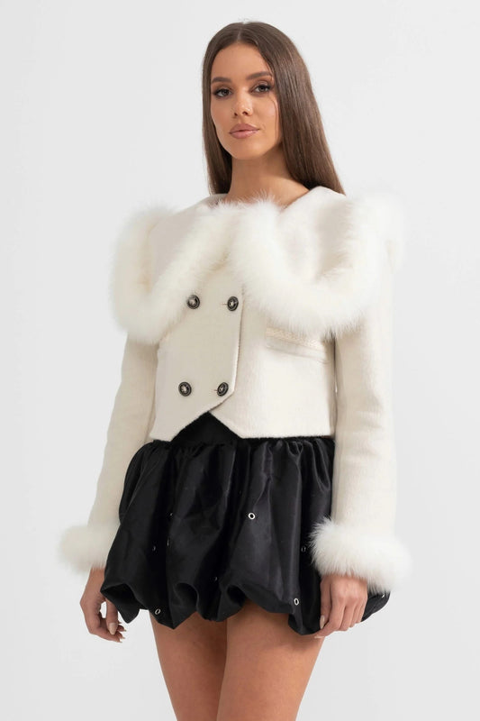 Fur Trim Cropped Jacket - White