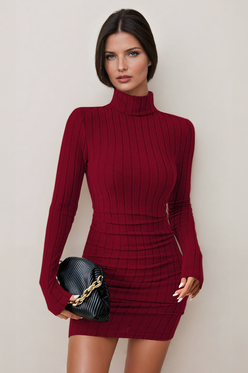 Ribbed Turtleneck Long-Sleeve Mini Dress - Red