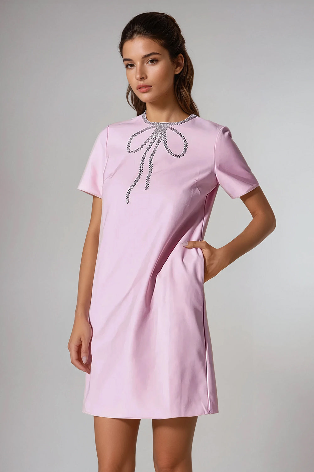 Short Sleeve Mini Dress with Embellished Bow Detail - Pink